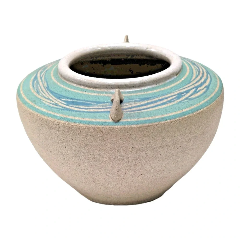 Studio Pottery Handmade Vase Handles Turquoise Blue Wave Glaze Beige Stoneware
